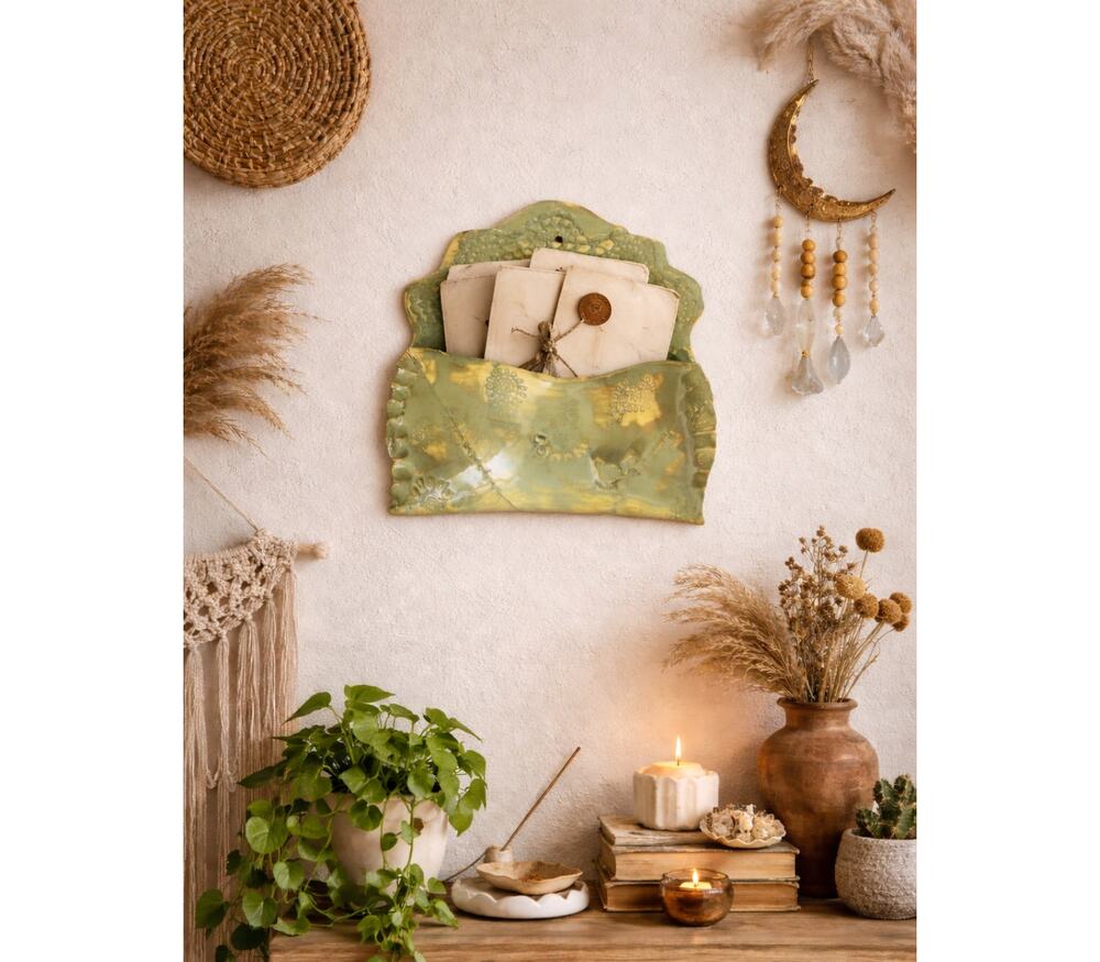 Embossed Ceramic Pottery Wall Pocket Handmade Decorative Green